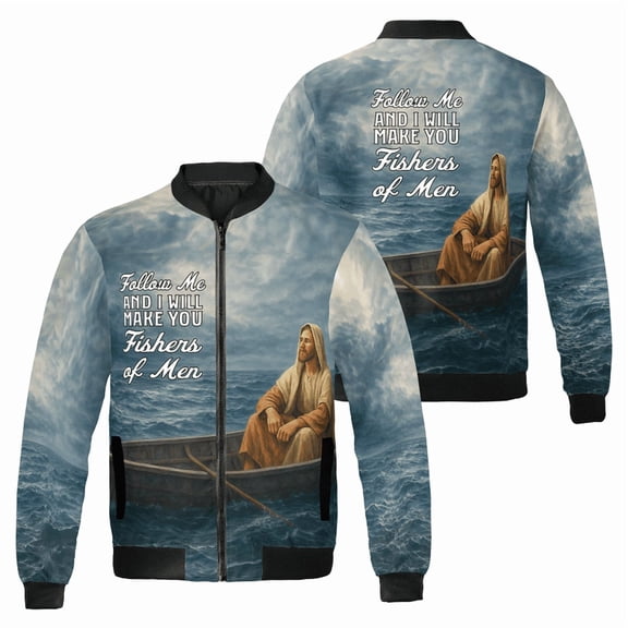 Inspirational Fishing Theme Bomber Jacket – Meaningful Quote Faith Based Graphic Zip-Up Jacket