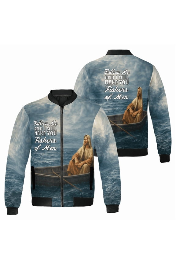 Inspirational Fishing Theme Bomber Jacket – Meaningful Quote Faith Based Graphic Zip-Up Jacket