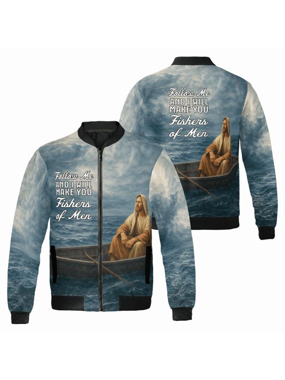 Inspirational Fishing Theme Bomber Jacket – Meaningful Quote Faith Based Graphic Zip-Up Jacket