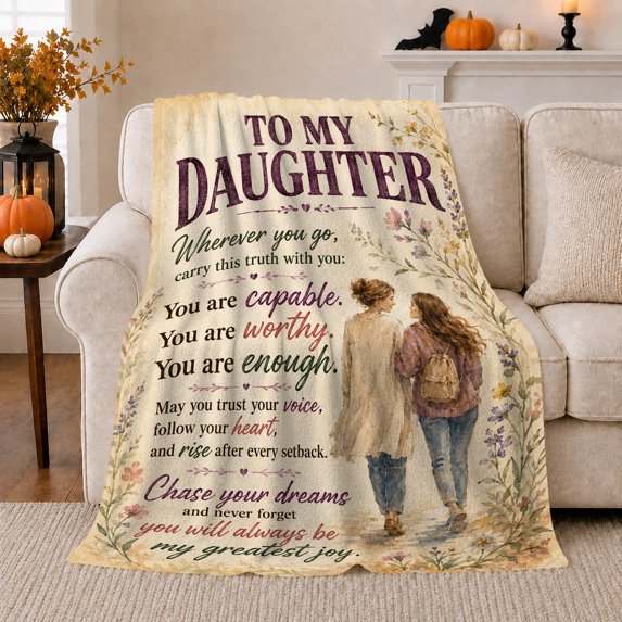 Inspirational Floral Daughter, Cozy Typography Art Scene, Warm Flannel Blanket for Living Room and Reading Nook, Art Lovers Mother's Day Gift, Artistic Home Decor