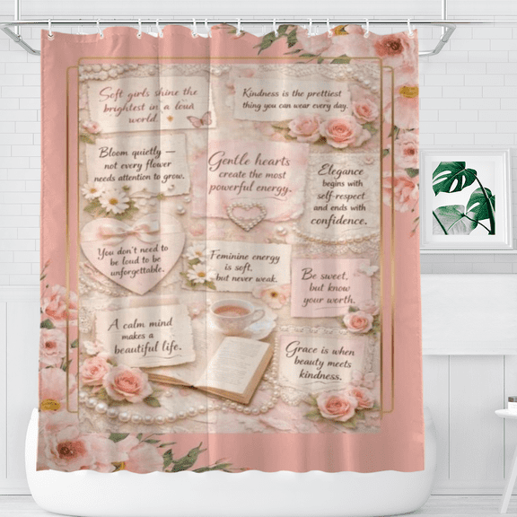 Inspirational Floral Self Love Quote Shower Curtain, Soft Bathroom Decor, 72 x 72 Inch
