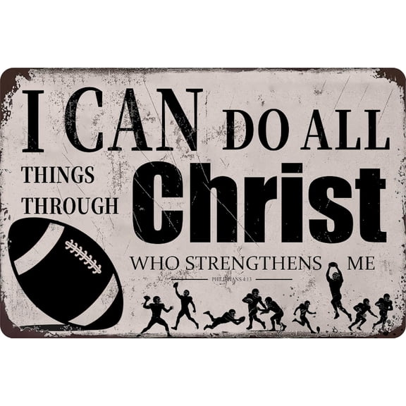 Inspirational Football Wall Decor Metal Tin Sign With Bible Verse Sports Room Art for Bedroom or Locker Room, 8x12