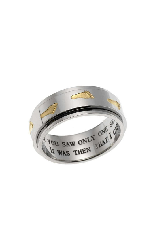 Inspirational Footprints in the Sand Spinner Ring - Stainless Steel with Gold Footprints and Engraved Bible Verse