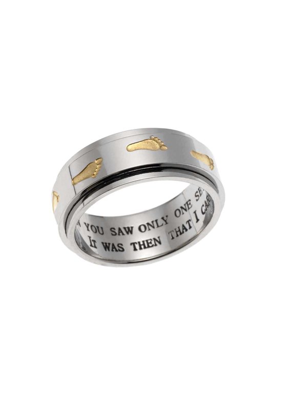 Inspirational Footprints in the Sand Spinner Ring - Stainless Steel with Gold and Engraved Bible Verse size 10