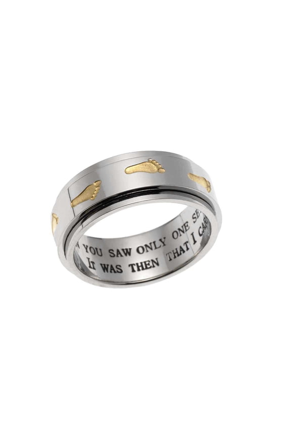Inspirational Footprints in the Sand Spinner Ring - Stainless Steel with Gold and Engraved Bible Verse size 9