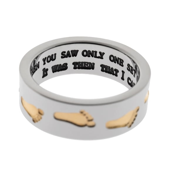 Inspirational Footprints in the Sand Stainless Steel Ring with Gold Accents size 5
