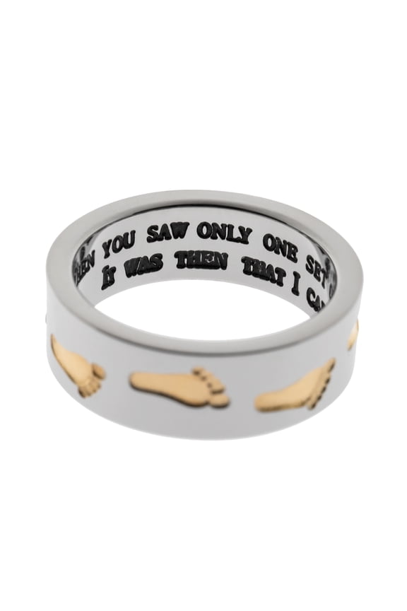 Inspirational Footprints in the Sand Stainless Steel Ring with Gold Accents size 8