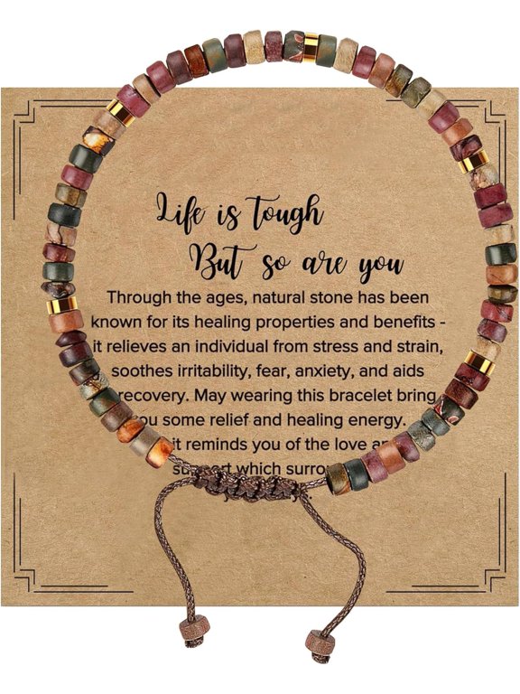 Inspirational Gift Healing Stone Bracelet for Women Natural Stones with Life is Tough But So Are You Card Motivational Gift Anxiety Bracelets Get Well Soon Gifts for Emotional Support(Style A)