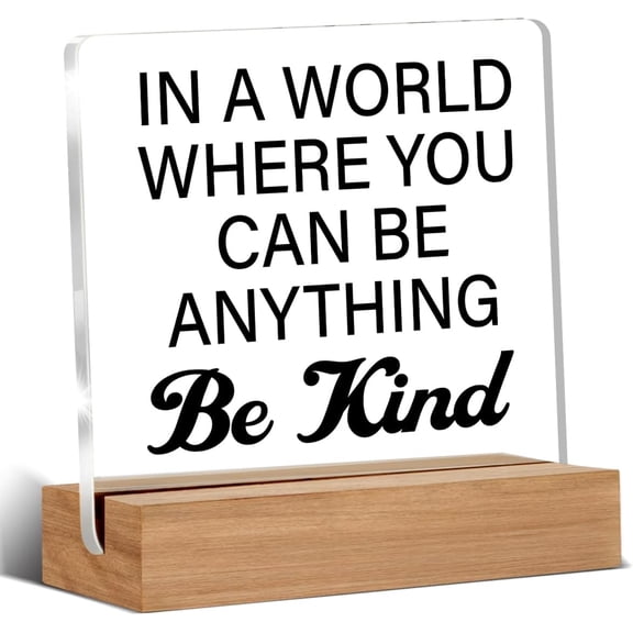 Inspirational Gift Kindness Sign in a World Where You Can Be Anything Be Kind Clear Desk Decorative Sign Acrylic Sign With Wooden Stand for Office Desk Table Shelf