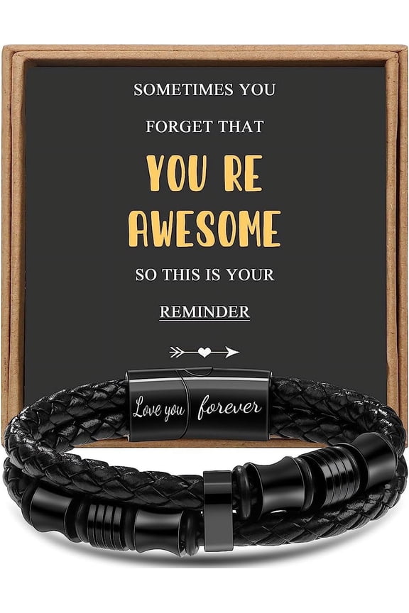 Inspirational Gift for Men Layered Braided Leather Bracelet for Men You're Awesome Thank You Teacher Appreciation Birthday Gifts Him Best Friend Unique Gifts for Men Father's Day Christmas 7.5 Inches