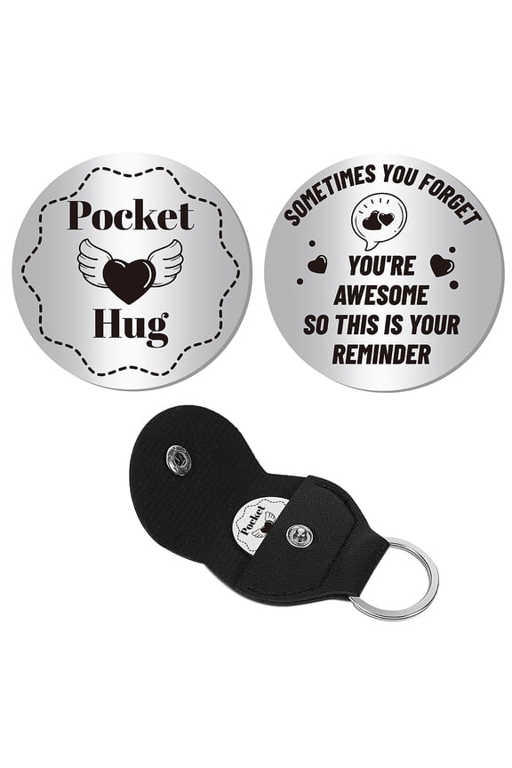 Inspirational Gift Pocket Hug Token Encouragement Keychain Long Distance Relationship Keepsake Stainless Steel Double Sided with PU Leather Keychain