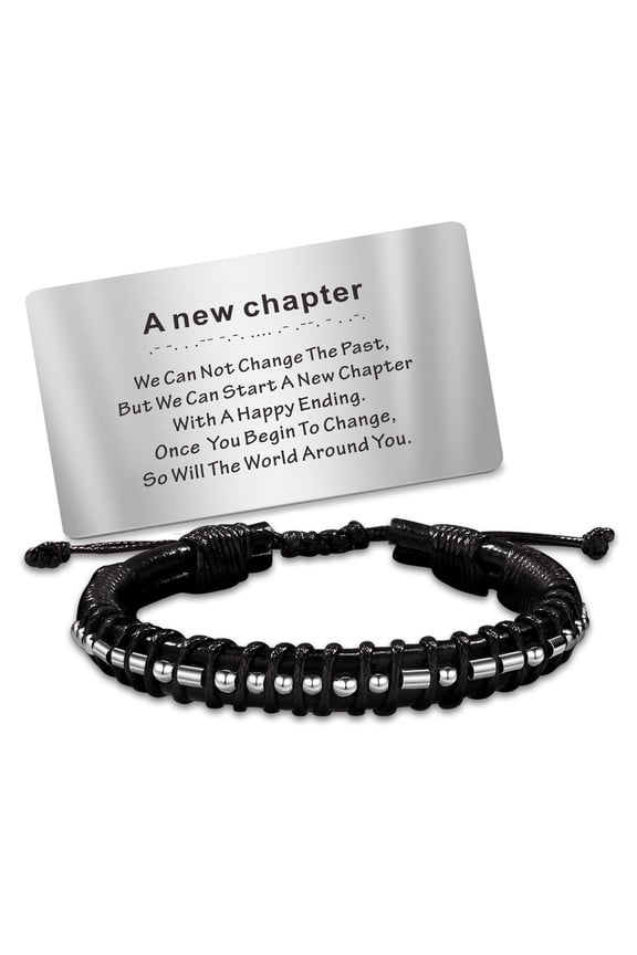 Inspirational Gifts Morse Code Bracelet with Wallet Card for Men Dad Son Husband Soulmate Grandpa Grandson Birthday Christmas Retirement Gifts, Adjustable Black Mens Leather Bracelet Cuff