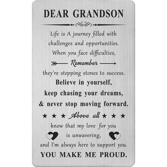 Inspirational Gifts for Grandson - Engraved Metal Grandson Wallet Card - Grandsons Birthday Graduation Card Gift from Grandma Grandpa