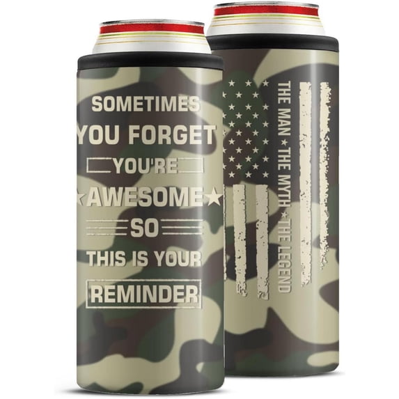 Inspirational Gifts for Men,"Sometimes You Forget You''re Awesome" Camo Stainless Steel Can Cooler for 12 oz Slim Cans & Bottles¡