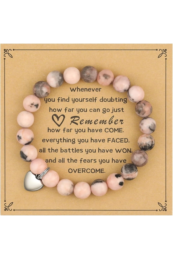 Inspirational Gifts for Women, Pink Heart Charm Stretch Bead Bracelet, Positive Affirmation Get Well Soon Gift
