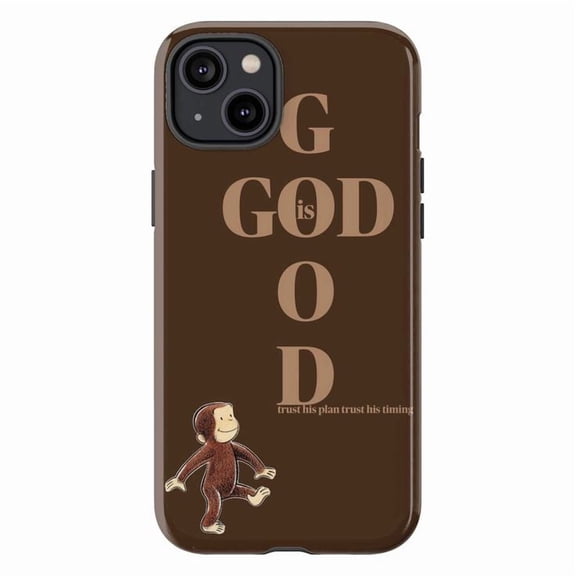 Inspirational God is Good Brown Phone Case with Cute Curious Monkey, Protective Cover for iPhone 17 16 15 14 13 12 11 Plus Pro Plus Mini