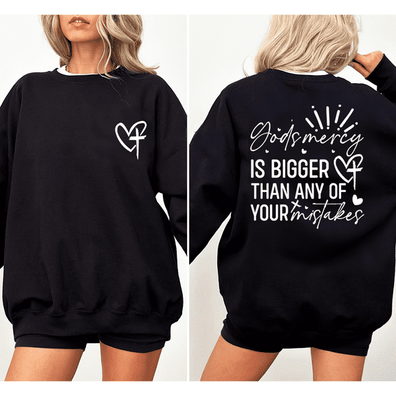 Inspirational Grace Quote Sweatshirts for Women & Men Gods Mercy Is Bigger Than Your Mistakes Print Tops Christian Long Sleeve Shirts Casual Pullover for Holiday Black,2XL
