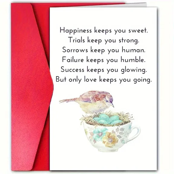 Inspirational Greeting Card - “Happiness Keeps You Sweet” Poem with Bird and Teacup Design - Perfect for Encouragement, Friendship, or Love - Blank Inside with Red Envelope Included
