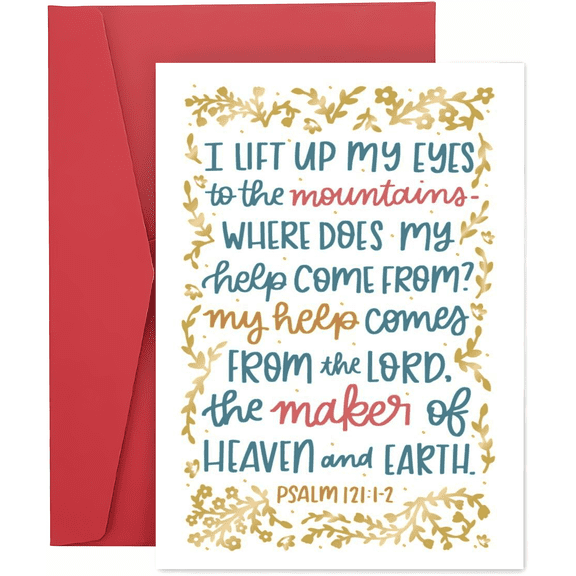 Inspirational Greeting Card with Psalm 121 – "I Lift Up My Eyes to the Mountains" – Beautiful Floral Design, Blank Inside, Includes Red Envelope – Perfect for Encouragement and Support
