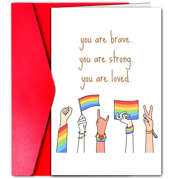 Inspirational Greeting Card  "You Are Brave. You Are Strong. You Are Loved."  Pride Design with Colorful Hands  Blank Inside, Envelope Included  Perfect for Support and Encouragement