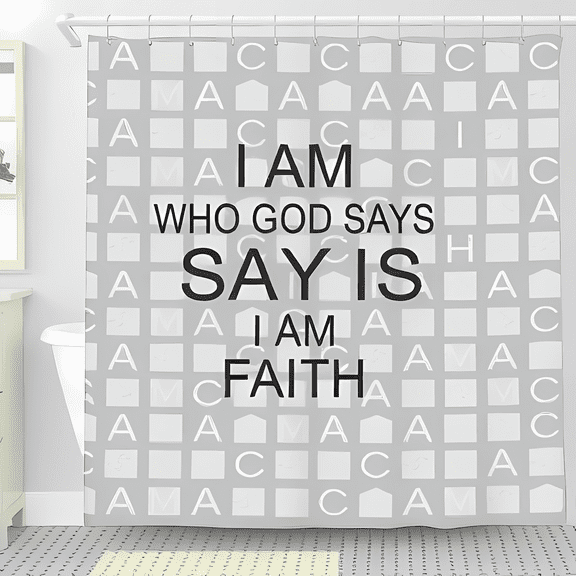 Inspirational Grey & White Shower Curtain with "I AM WHO GOD SAYS I AM" Faith Message