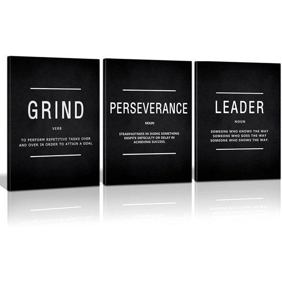 Inspirational Grind Wall Art for Home Office Workplace, Perseverance Leader Canvas Quotes Motivate Success Positive Poster Framed Motivation Gift for Friends Entrepreneur Easy Hang-12x16inx3PCS