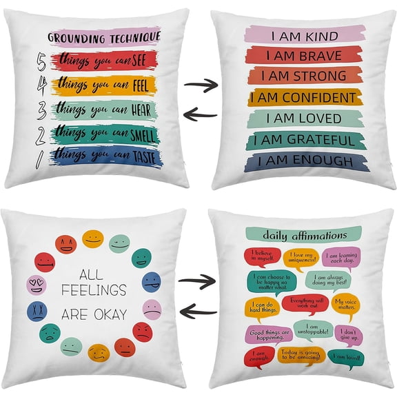 Inspirational Grounding Technique Pillow Covers Set of 2 18x18 Inch Reversible "All Feelings Are Okay" Throw Pillow Covers for Home Mental Health Therapist Office Decorative Cushion Covers Perfect