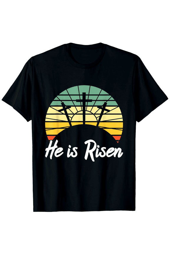 Inspirational He Is Risen Easter T-Shirt, Christian Faith Religious Cross Sunset Apparel, Spiritual Jesus Resurrection Gift Tee for Men Women