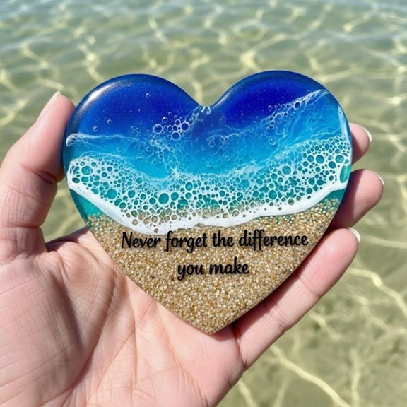 Inspirational Heart-Shaped Resin Beach Art Decor, Ocean Wave Desk Ornament, Motivational Gift for Teachers, Nurses, Unique Appreciation Keepsake, Never Forget The Difference You Make