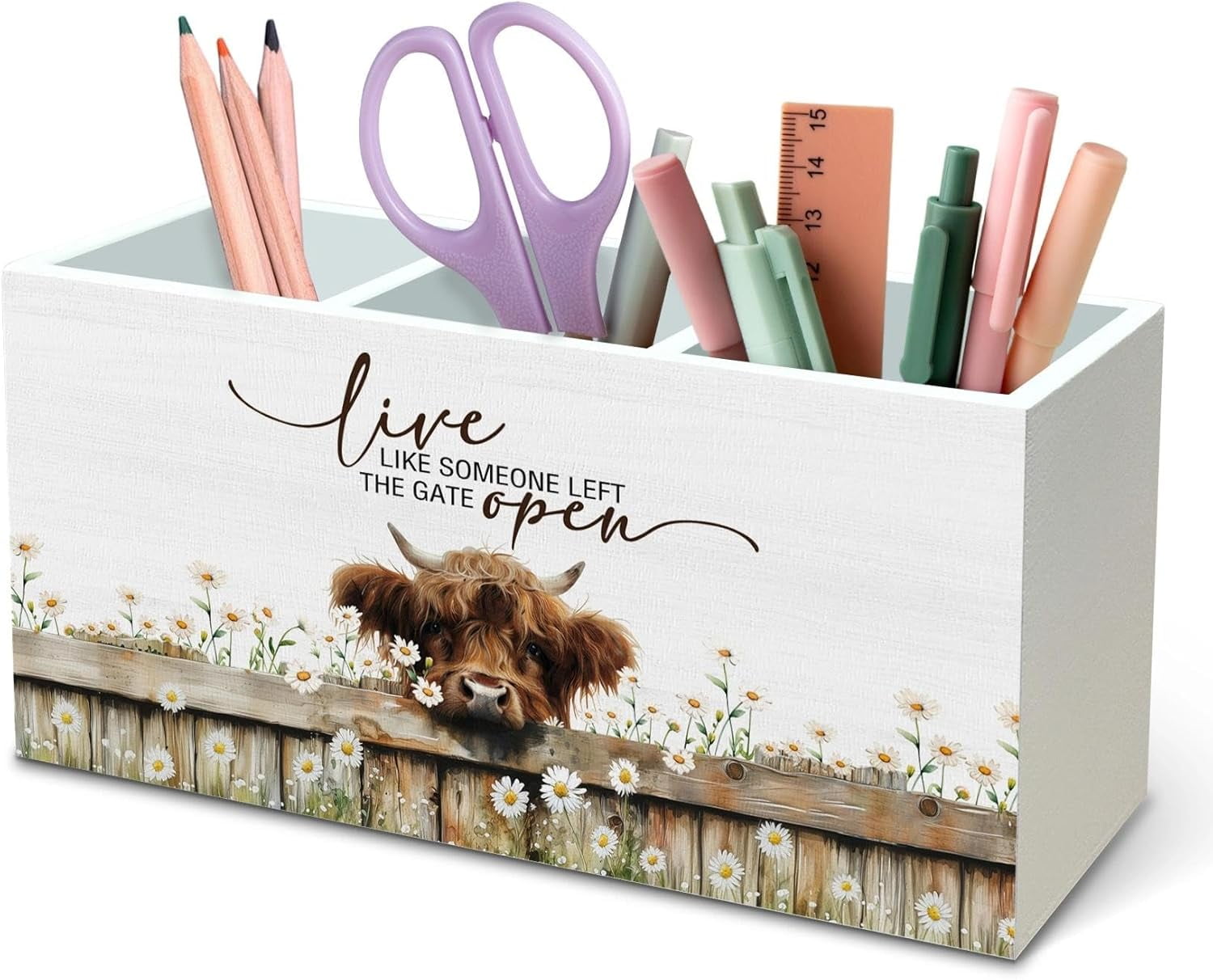 Inspirational Highland Cow Pen Pencil Holder Organizer for Desk, Gifts Women, Live Like Someone Left The Gate Open Wooden Box Signs Home Office Desk Tabletop Decoration