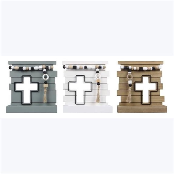 Inspirational Home Tabletop Cross Decor Sculpture with Wood & MDF Beads & Tassels, 3 Assorted Color