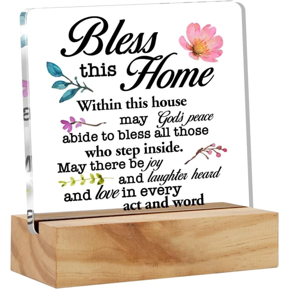 Inspirational House Warming Gifts Home Bless this Home Quote Desk Decor House Blessing Religious Acrylic Desk Plaque Sign with Wood Stand Home Office Desk Sign Keepsake