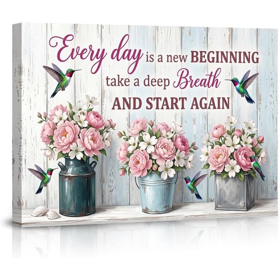 Inspirational Hummingbird Wall Art Print Rustic Farmhouse Pink Peony Decor