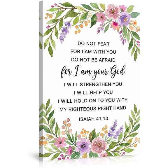 Inspirational Isaiah 41:10 Bible Verse Canvas Wall Art Christian Home Decor Watercolor Floral Wreath Scripture Print God Is With You Living Room Bedroom Gift