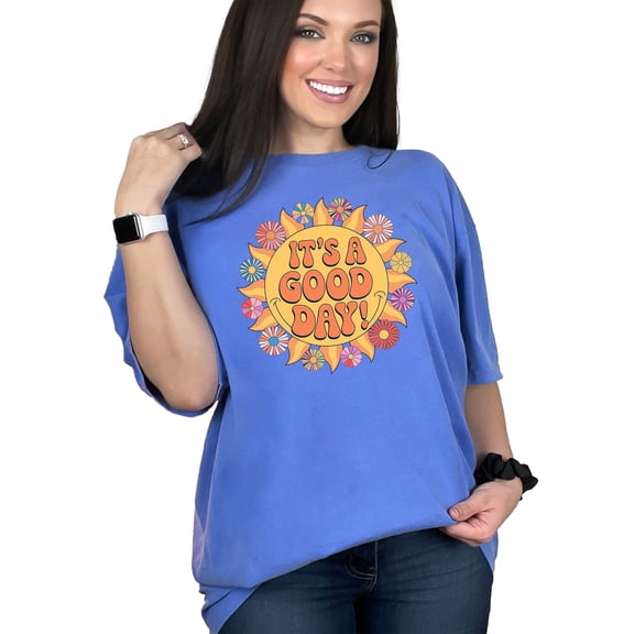 Inspirational It's A Good Day Design Tee, Retro Sunflower Graphic Shirt, Positive Vibes Casual Wear, Motivational Sunshine Top, Flo Blue Comfort Colors T-Shirt, Small