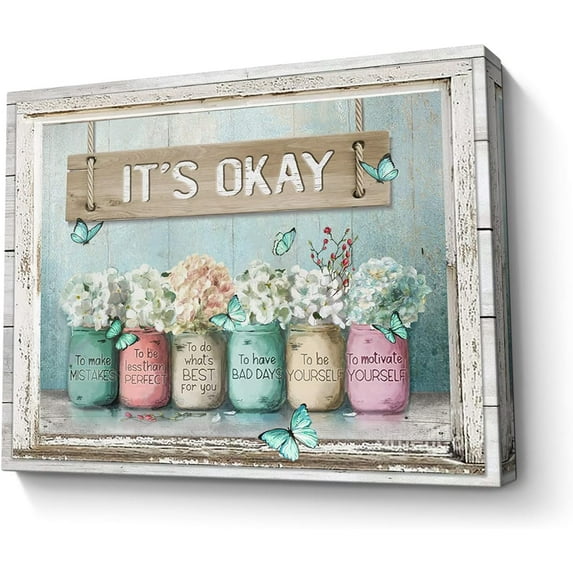 Inspirational It''s Okay Canvas Wall Art Encouraging Bible Verses On Cute Marson Jars and Butterflies Teal Background Artwork