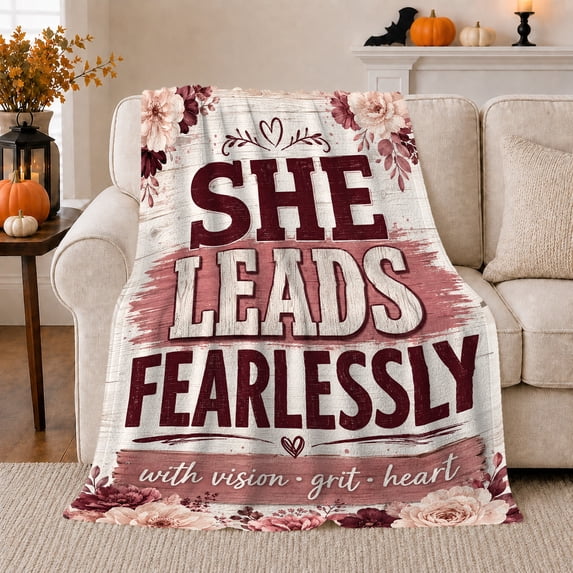 Inspirational She Leads Fearlessly Quote Wood Plank Background, Cozy Typography Art Scene, Warm Flannel Blanket for Living Room and Reading Nook, Art Lovers Appreciation Gift, Artistic Home Decor
