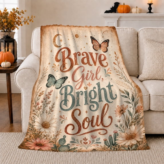 Inspirational Lettering Framed By Butterflies And Wildflowers, Soft Flannel Blanket with Bohemian Botanical Typography Print, Housewarming Gift and Home Decor for Bedroom and Living Room