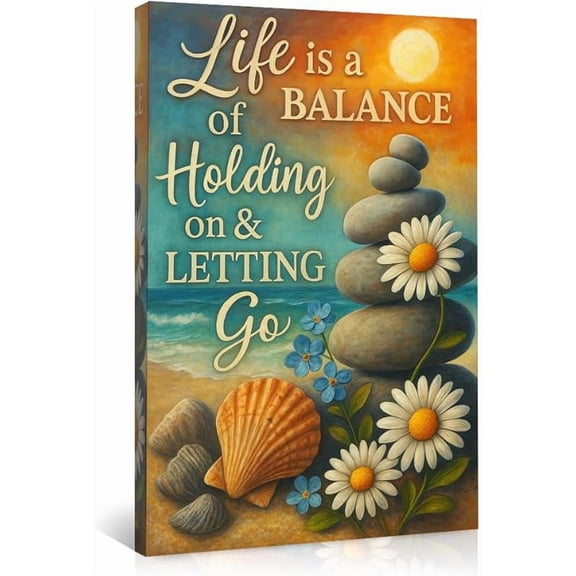Inspirational Life Balance Wall Art Canvas Prints - Zen Stone with Daisies Beach Poster,Holding on and Letting Go Quote Decor,Coastal Sunset Artwork for Living Room,Bedroom