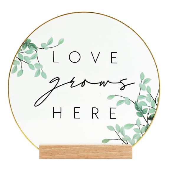 Inspirational "Love Grows Here" Translucent Tabletop Plaque with Solid Wood Base Stand