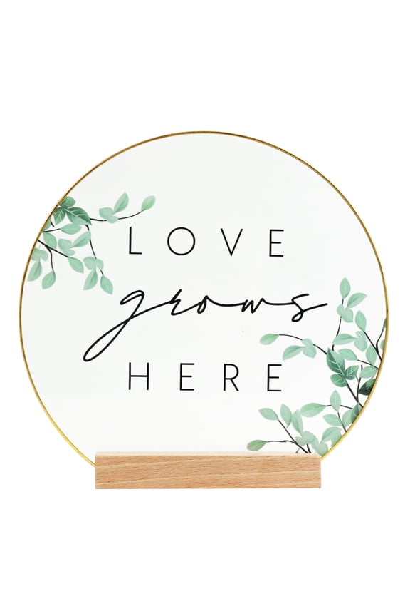 Inspirational "Love Grows Here" Translucent Tabletop Plaque with Solid Wood Base Stand