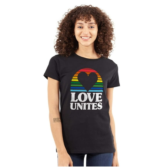 Inspirational Love Unites Gay Rainbow Womens Slim Fit Graphic Tee Brisco Brands S