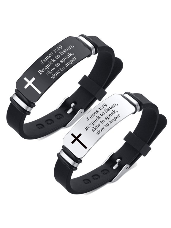 Inspirational Mantra Engarved Bracelet for Men Women,James 1 19 Bible Verse ID Bracelets Adjust Silicone Belt Chain Wristband Encouragement Motivational Gift for Daily Reminder