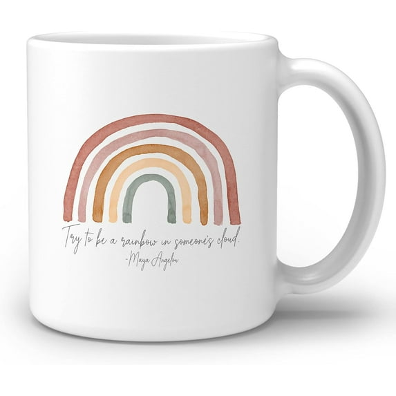 Inspirational Maya Angelou Quote Try To Be A Rainbow In Someone''s Cloud Ceramic Double Side Printed Mug Cup,Boho Neutral Rainbow Coffee Milk Tea Mug Cup,Gifts For Girls Women Sister Mom - 11 oz