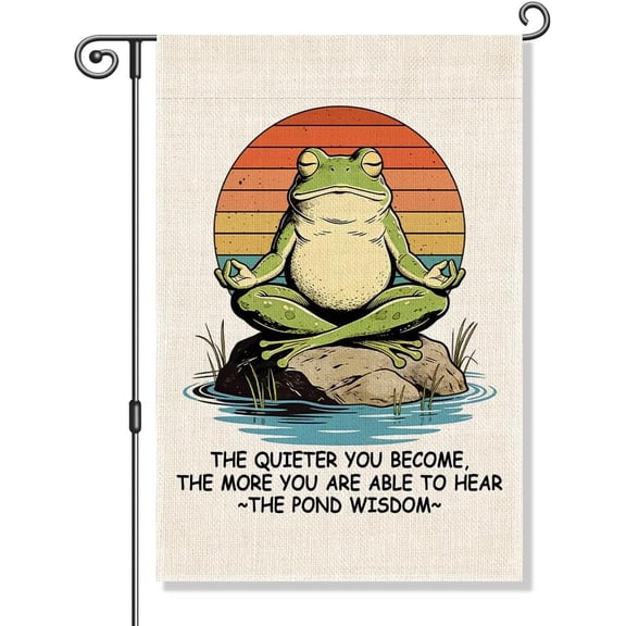 Inspirational Meditation Zen Frog Garden Flag, The Quieter You Become The More You Can Hear, Funny Outdoor Yard Lawn Decor, Welcome House Flag