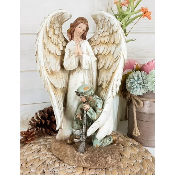 Inspirational Memorial Kneeling Soldier With Guardian Angel Praying Figurine