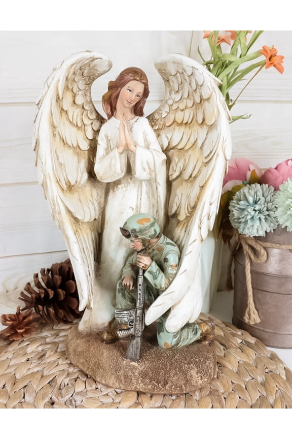 Inspirational Memorial Kneeling Soldier With Guardian Angel Praying Figurine