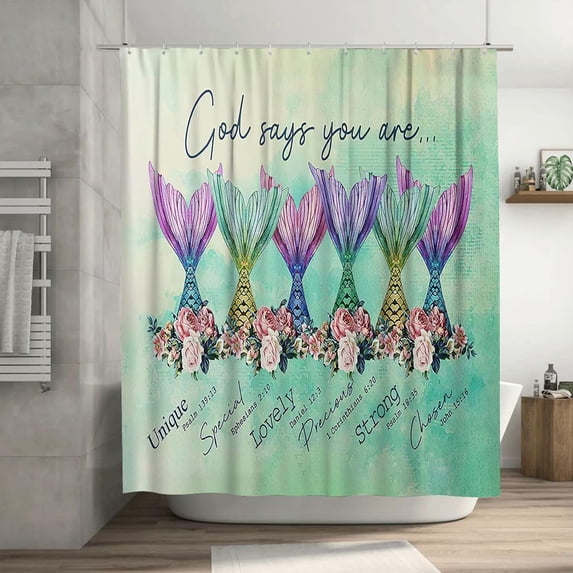 Inspirational Mermaid Shower Curtain Turquoise Colorful Flower Tail Shower Curtains for Bathroom Motivational Quotes Shower Curtain Waterproof Polyester Fabric Decor with Plastic Hooks 72x72 Inches