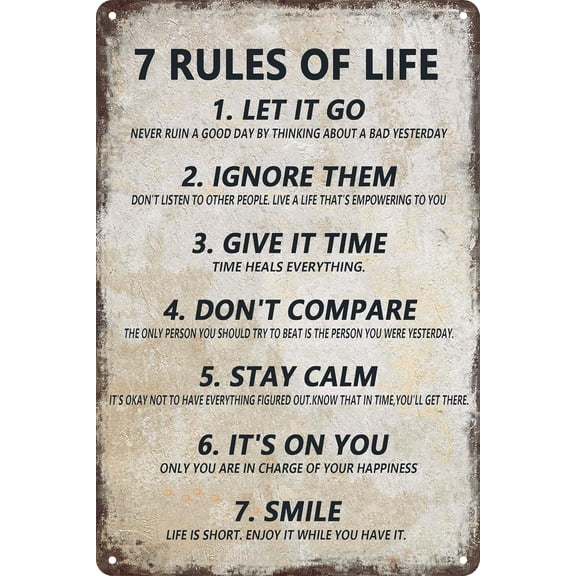 Inspirational Metal Sign for Office 8 x 12 Inch - Motivational Bedroom Wall Decor for Girls, boys, Teenager - 7 Rules of Life, beige