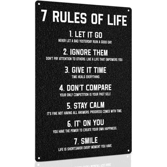 Inspirational Metal Sign for Office 8x12 Inch - Motivational Bedroom Wall Decor for Girls, boys, Teenager - 7 Rules of Life